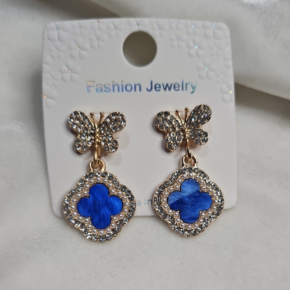 Butterfly Blue Clover Rhinestone Earrings Small Pearls Fashion Jewelry NWT
